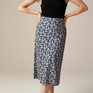 J. Crew Gwyneth Slip Blue Navy Floral Luster Charmeuse Midi Skirt XS X-small